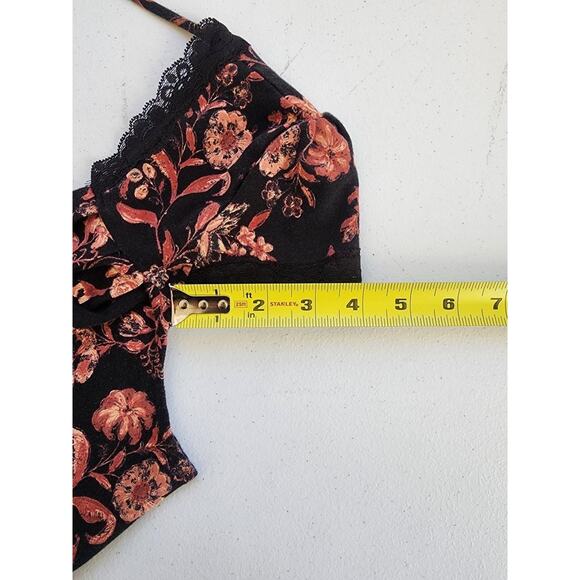 Free People Shirt Womens Medium Black Floral Lace Trim Deep V Neck Y2k Milkmaid - Picture 9 of 13